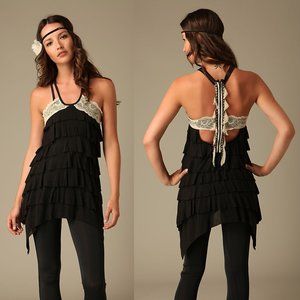 Free People Boho Black Ruffle Zipper Back Tank Top